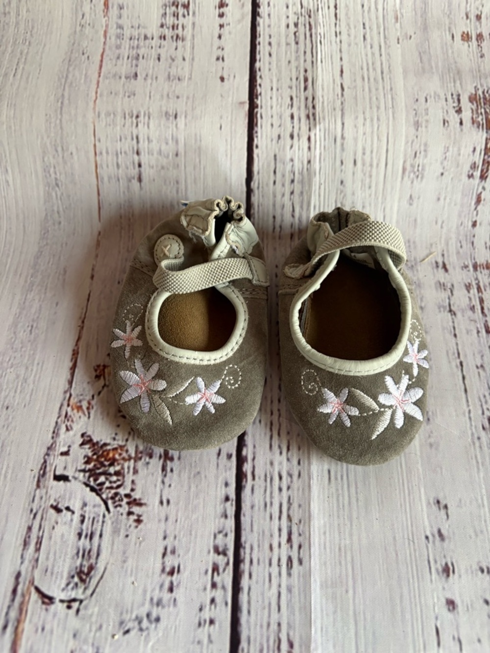 Soft Suede Baby Mary Janes with Pink Floral Embroidery - Taupe